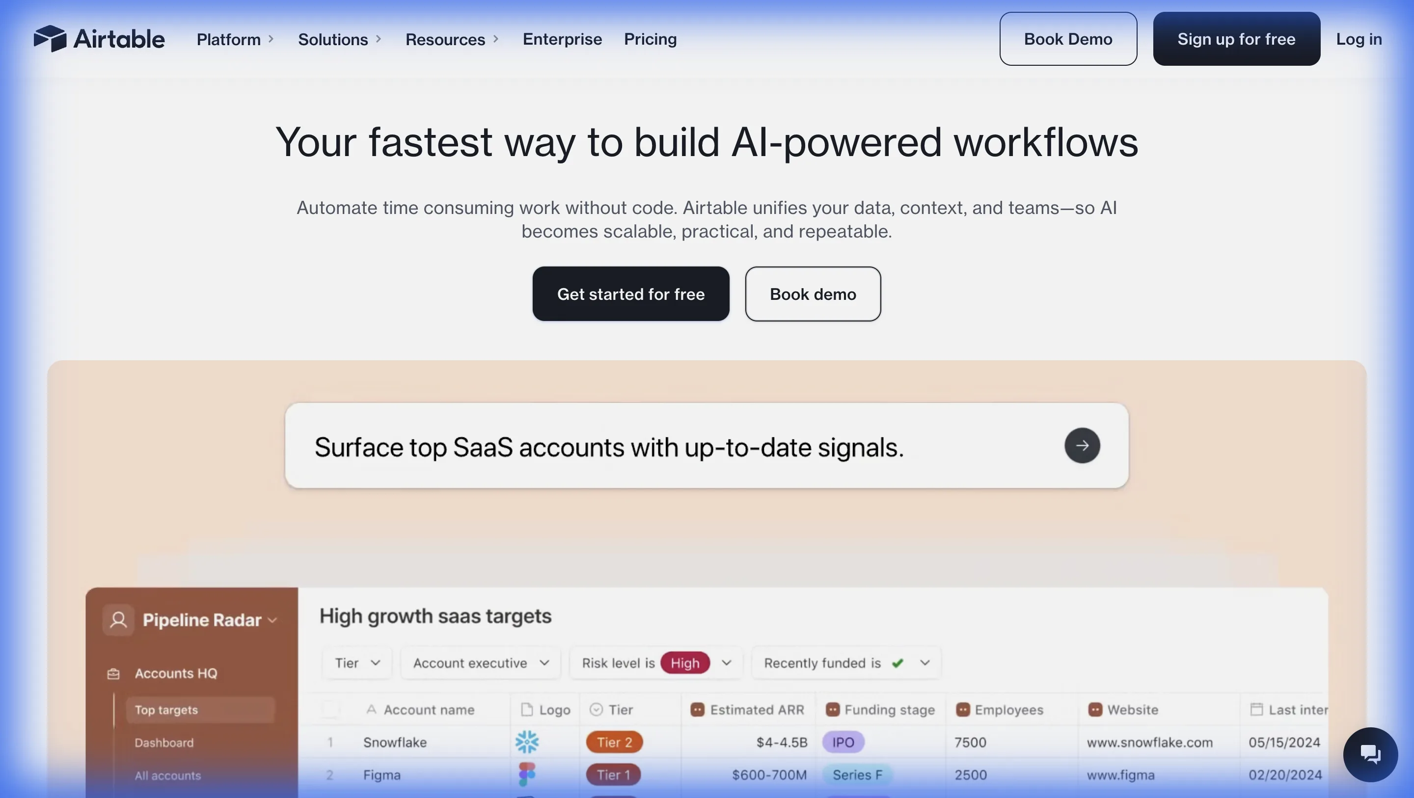 Airtable landing page showing their database and automation capabilities