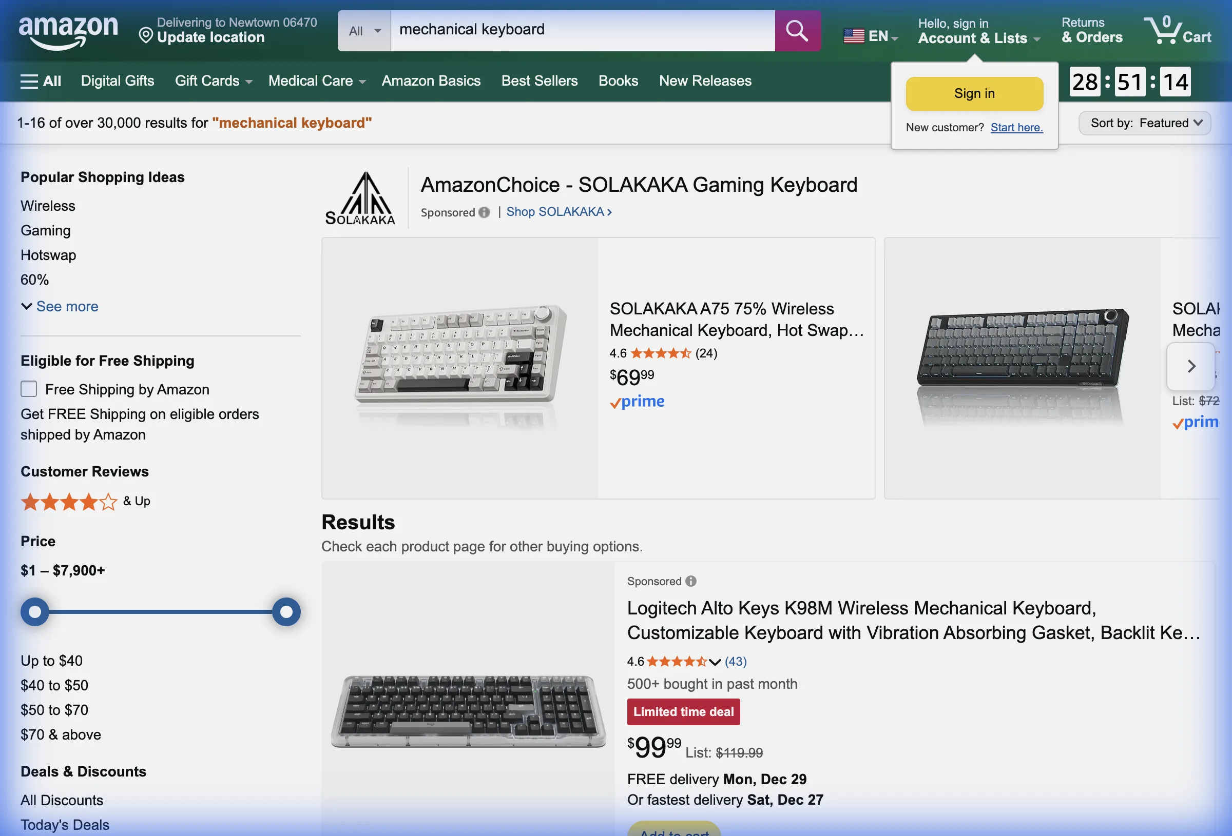 Amazon search results showing product cards, star ratings, and visible prices