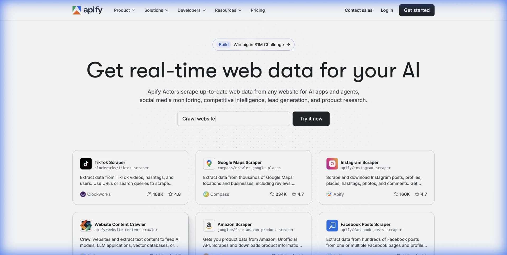 Apify landing page showing their full-stack web scraping platform