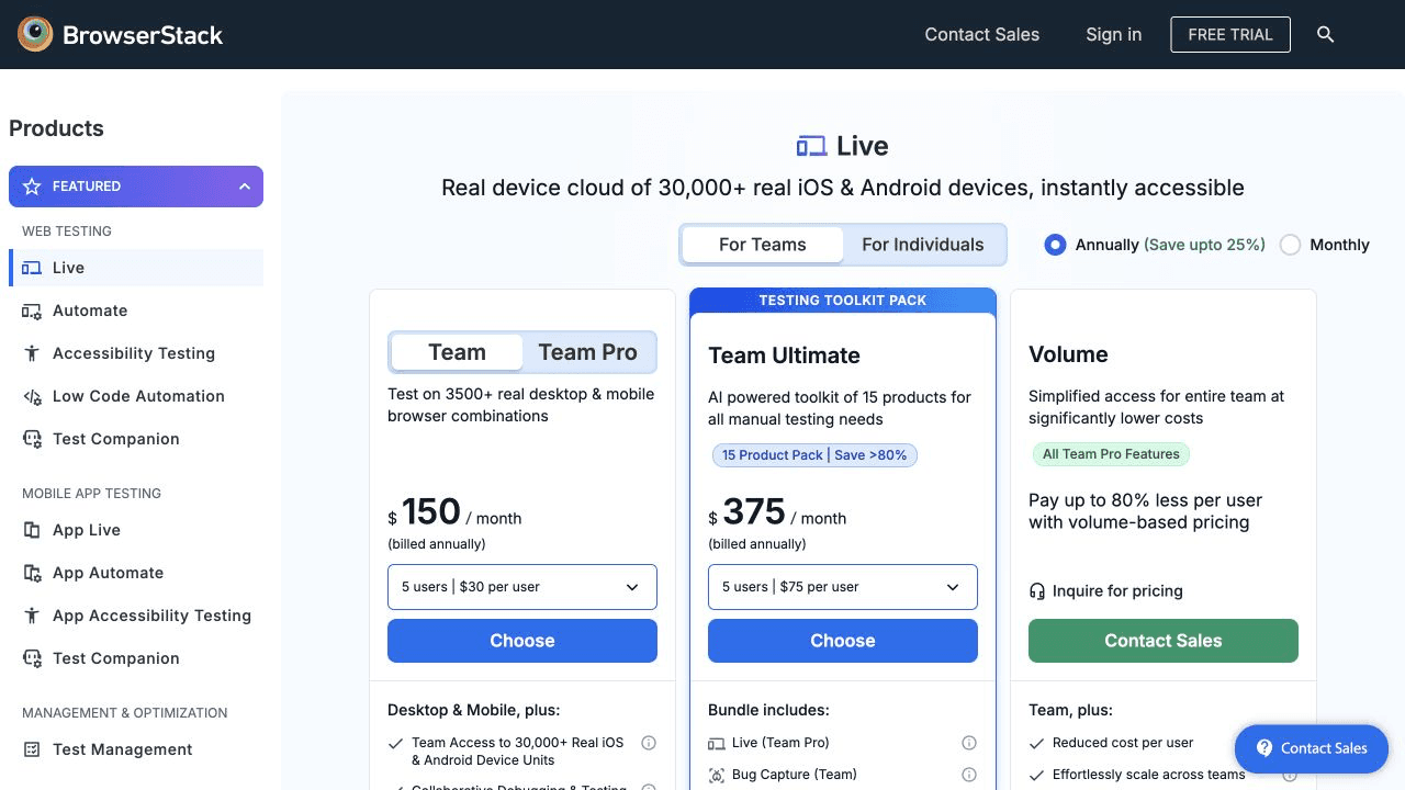 BrowserStack pricing page showing hosted testing plans and device coverage