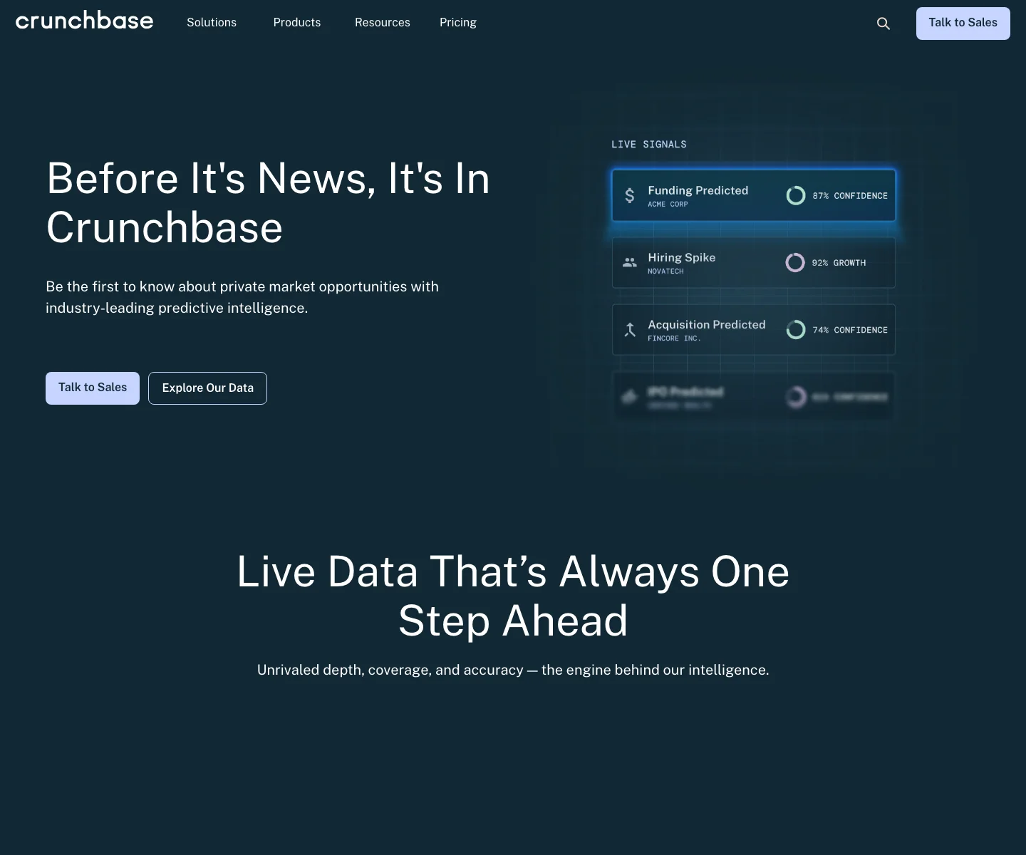 Crunchbase homepage highlighting private company data and predictive intelligence