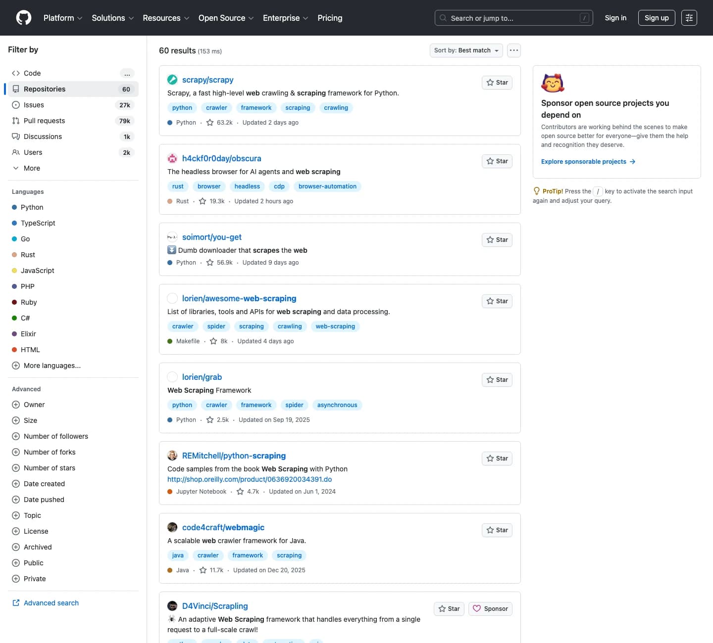GitHub repository search results filtered for popular web scraping projects