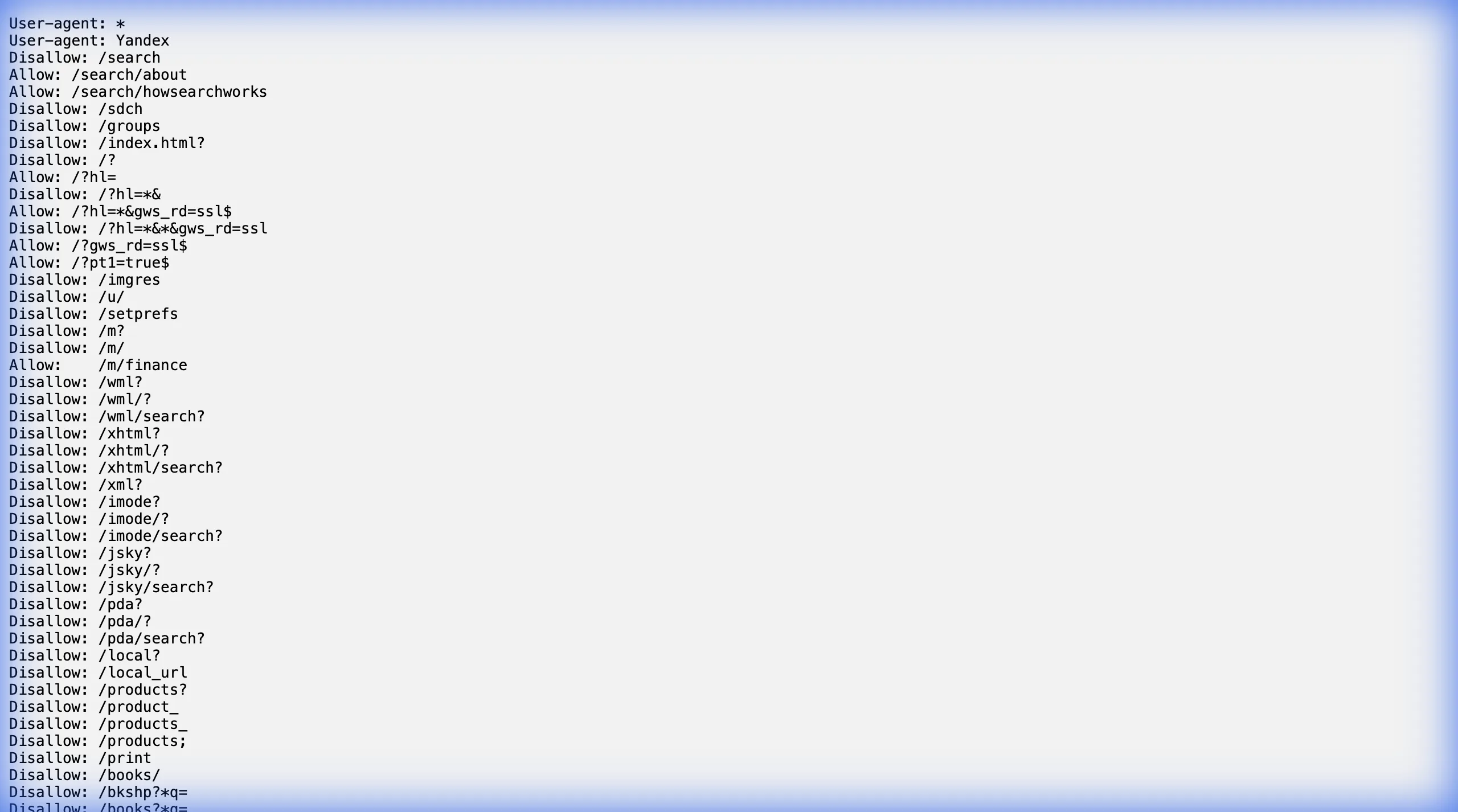 Example robots.txt file from Google showing user-agent directives and disallow rules