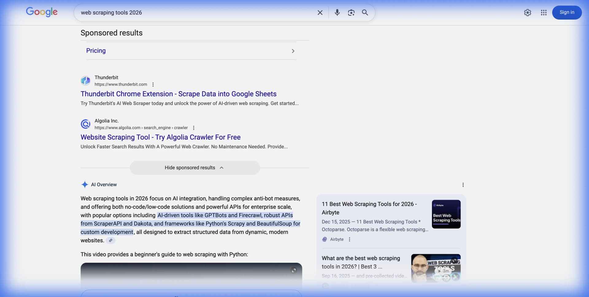 Google search results page showing organic listings, ads, and AI overviews