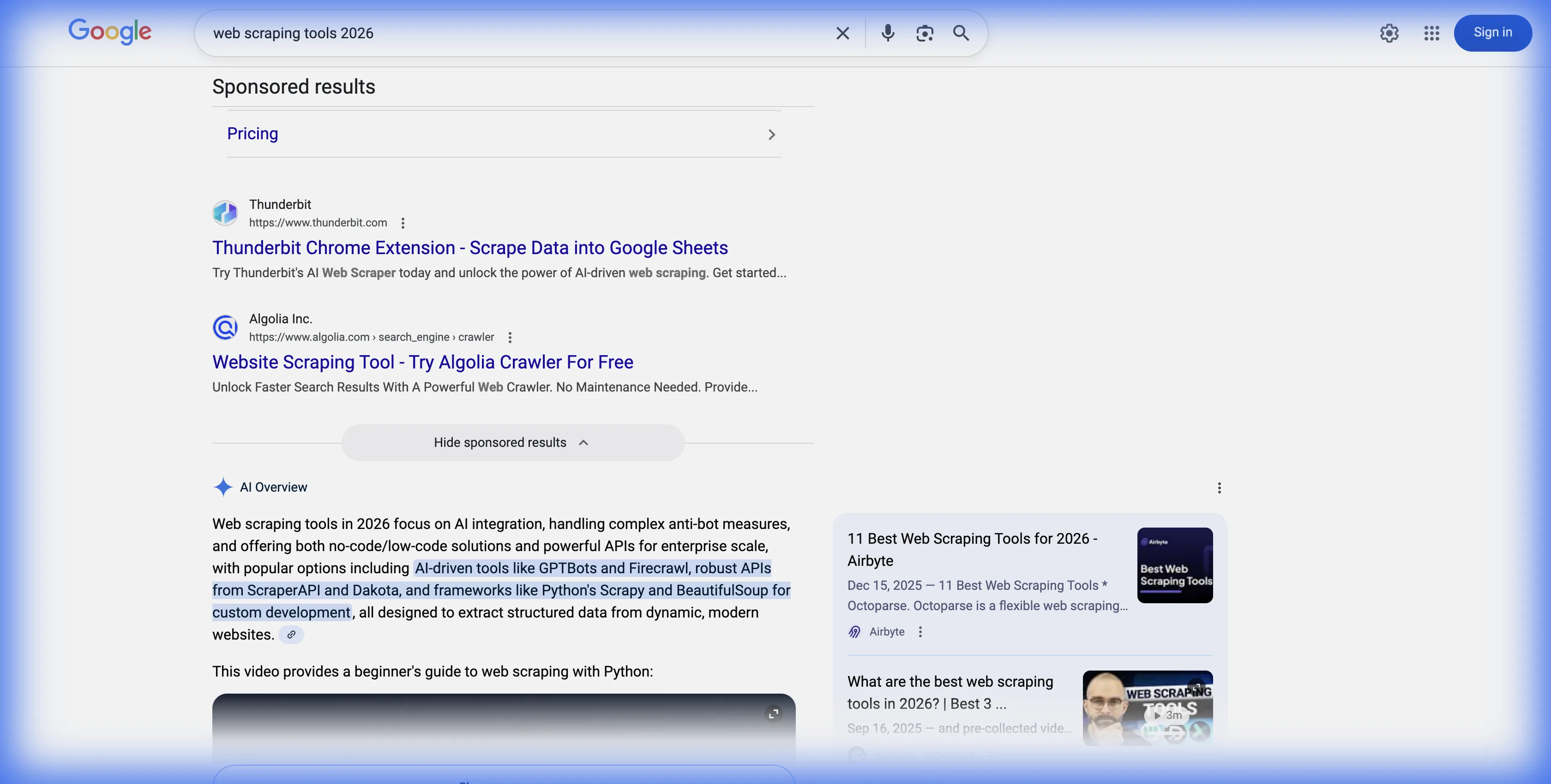 Google search results page showing organic listings, ads, and AI overviews