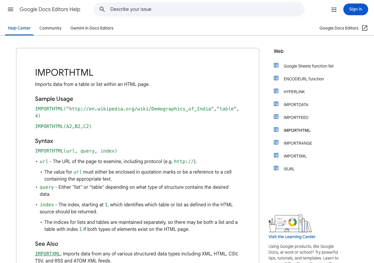 Google's official IMPORTHTML documentation showing syntax and sample usage