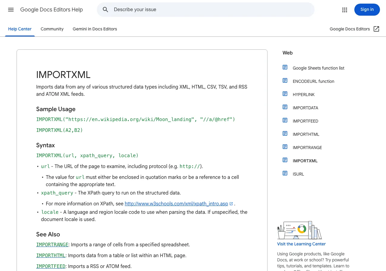 Google's official IMPORTXML documentation showing syntax and sample usage