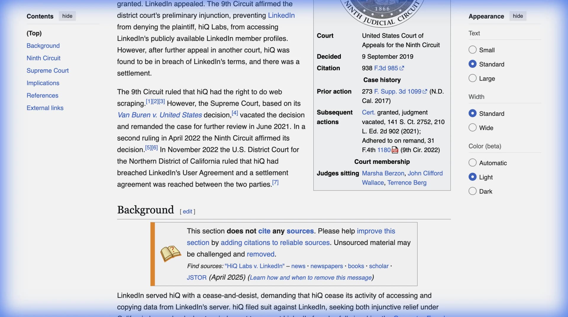 Wikipedia summary of the hiQ Labs v. LinkedIn case showing the court history