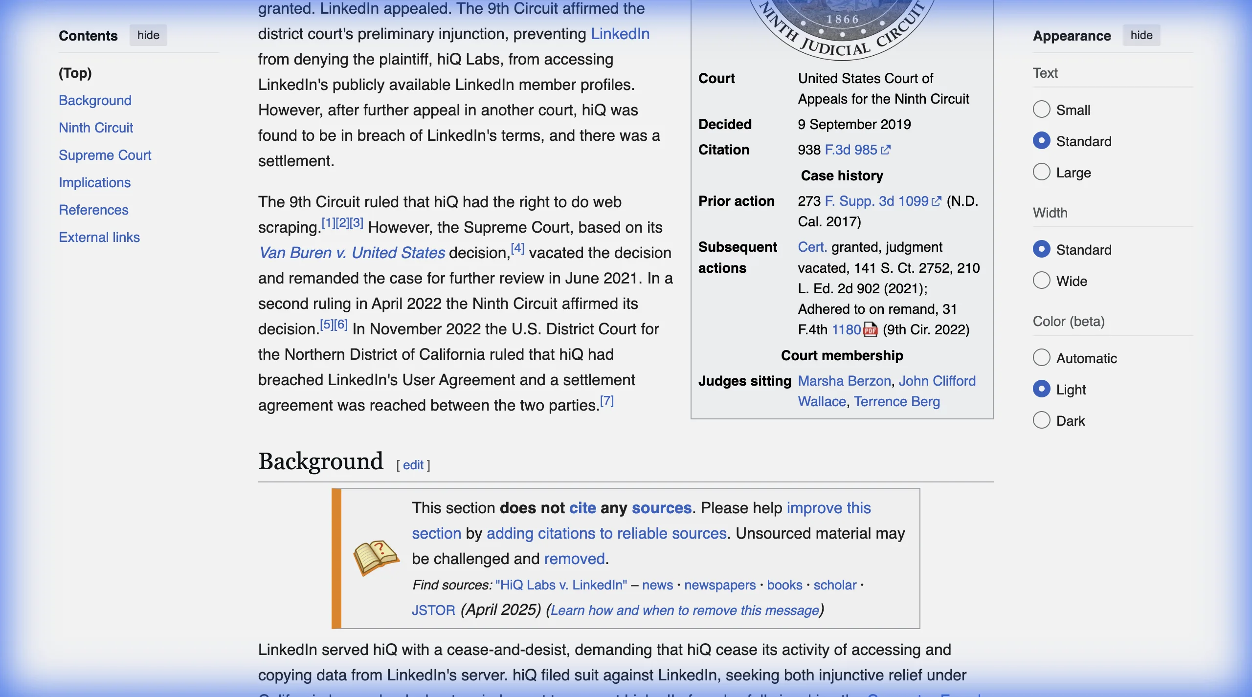 Wikipedia summary of the hiQ Labs v. LinkedIn case showing the court history