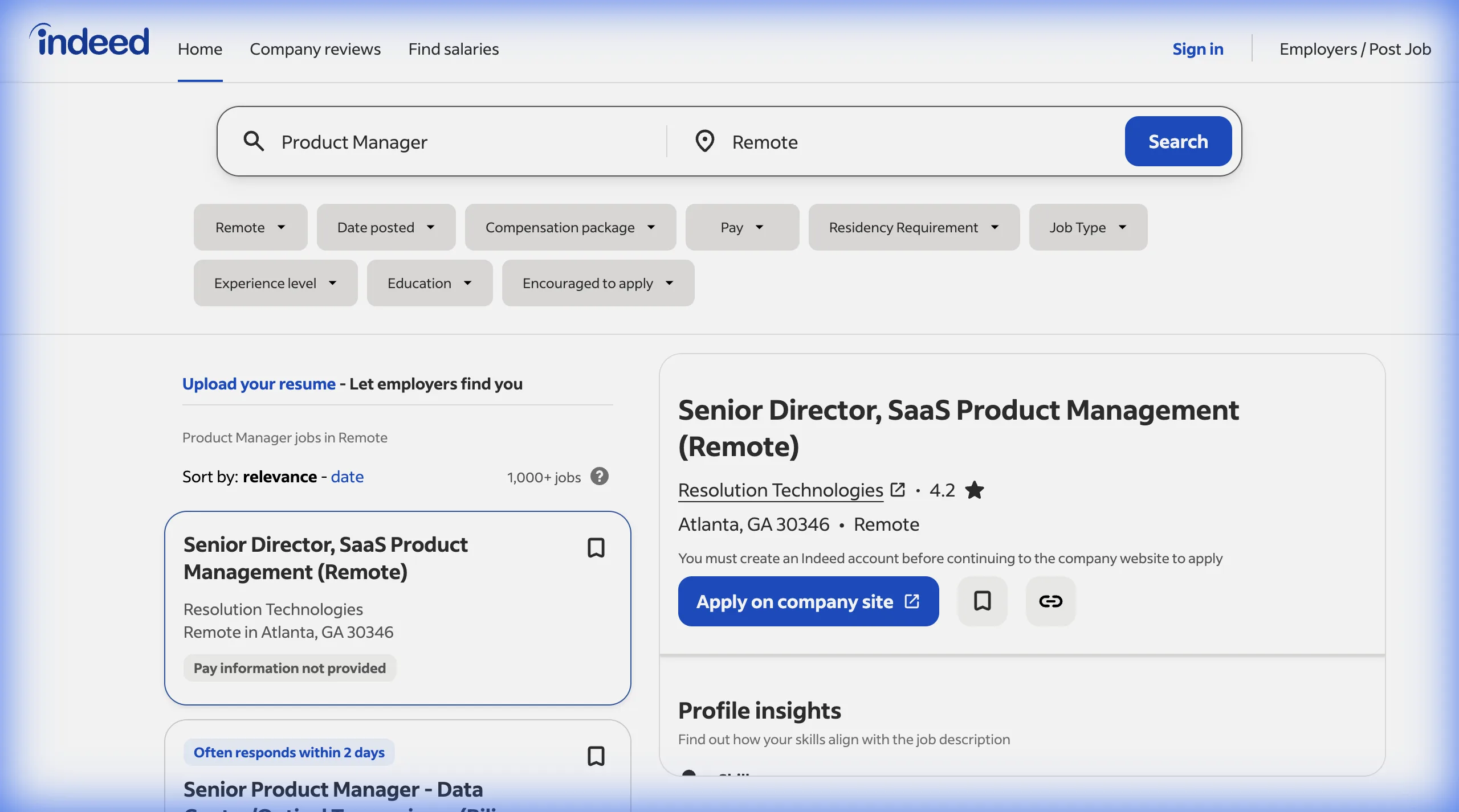 Indeed search results showing Product Manager jobs