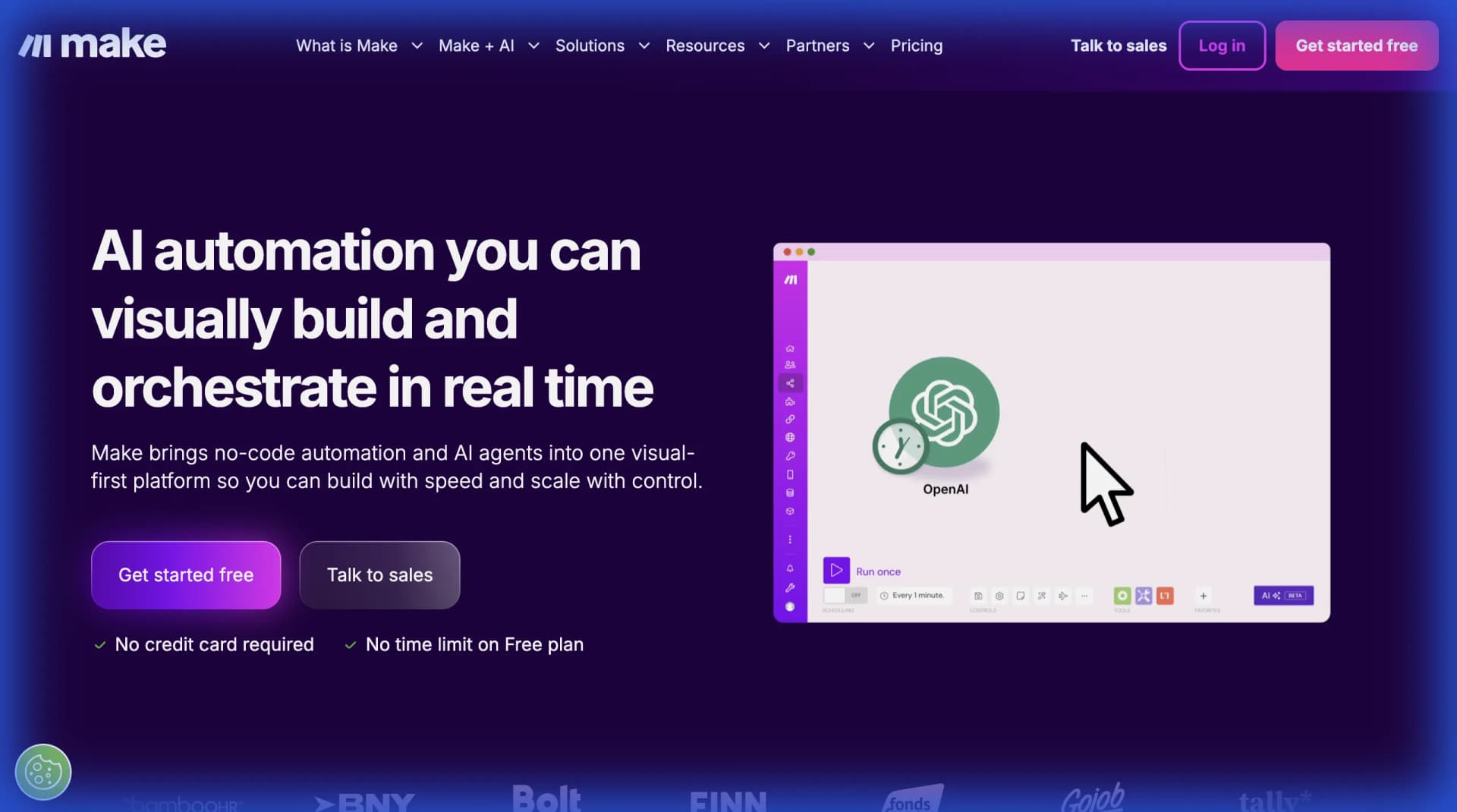 Make.com homepage showing their visual automation builder