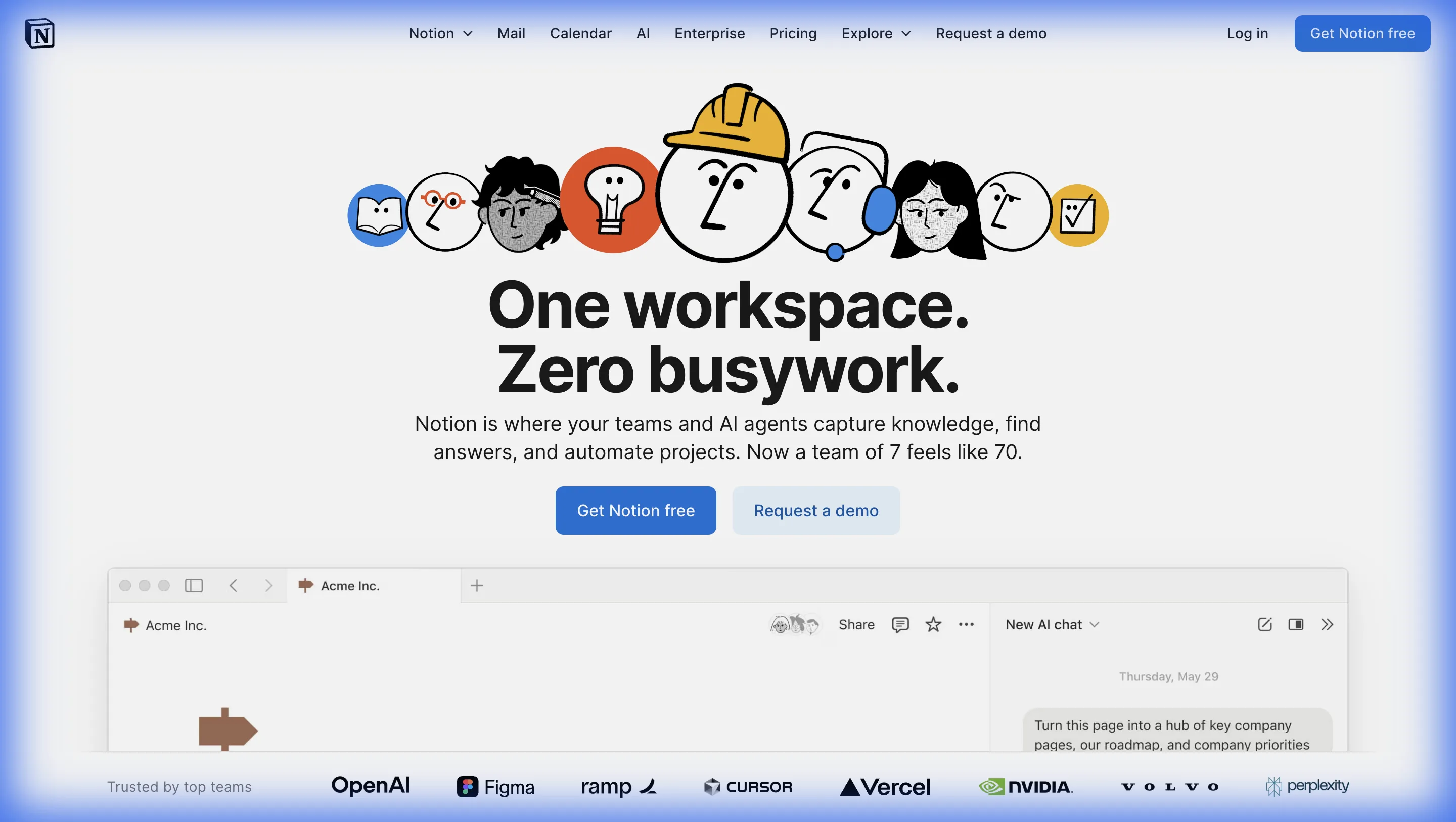 Notion homepage showing their workspace platform