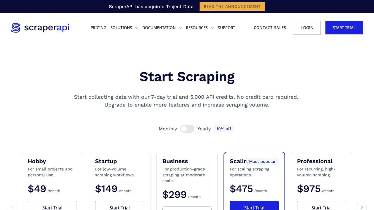 ScraperAPI pricing page showing the current credit-based plans