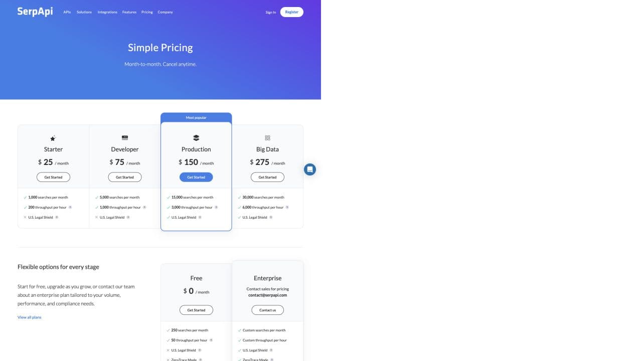 SerpApi pricing page showing current search plans