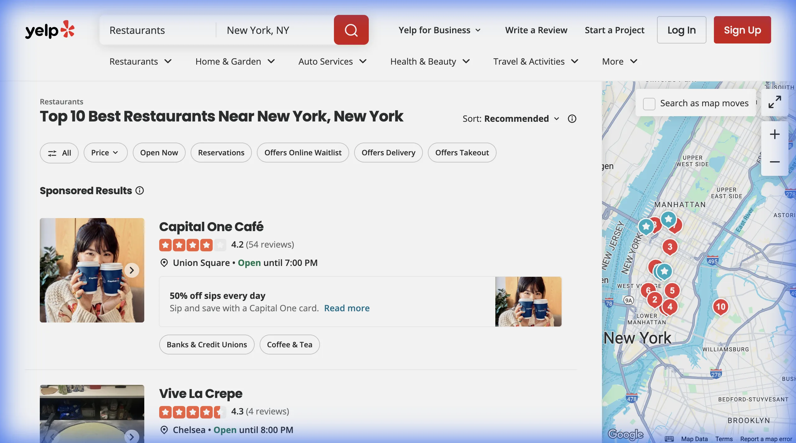 Example of a directory listing with categories, ratings, and review counts
