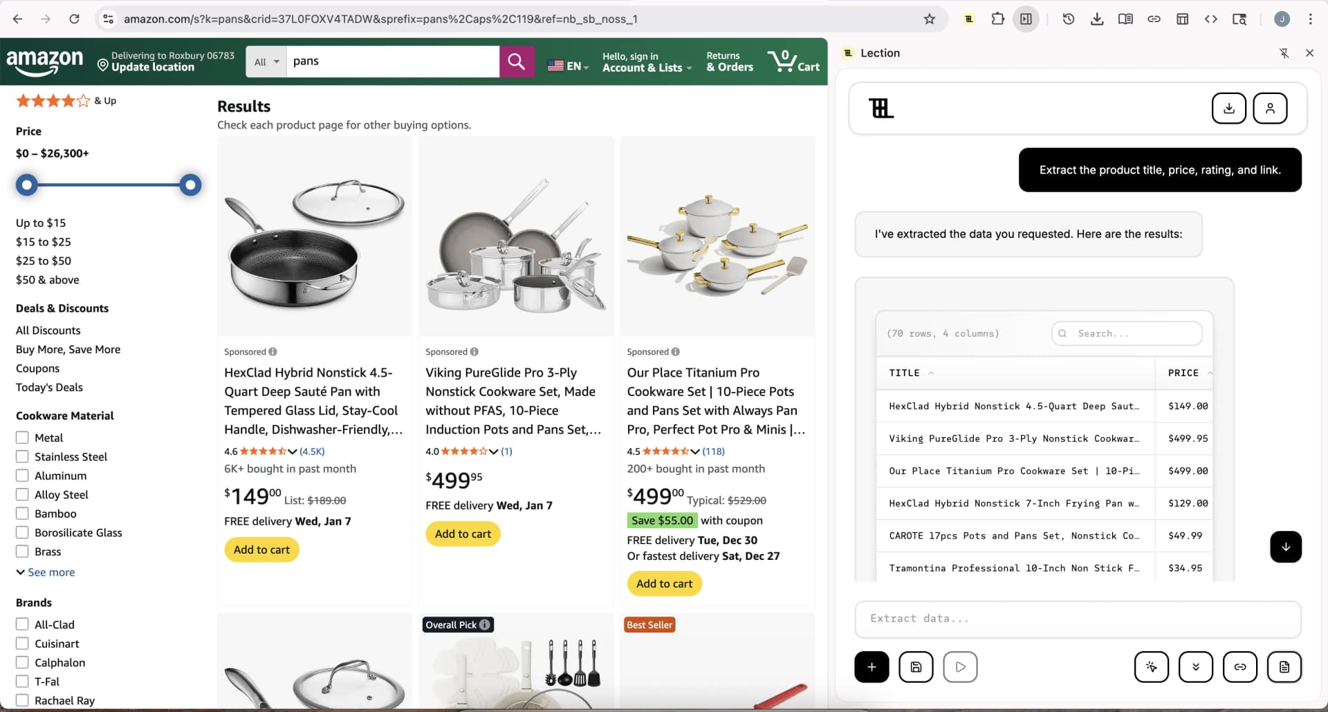 The Lection dashboard showing a successfully completed Amazon scrape ready for export