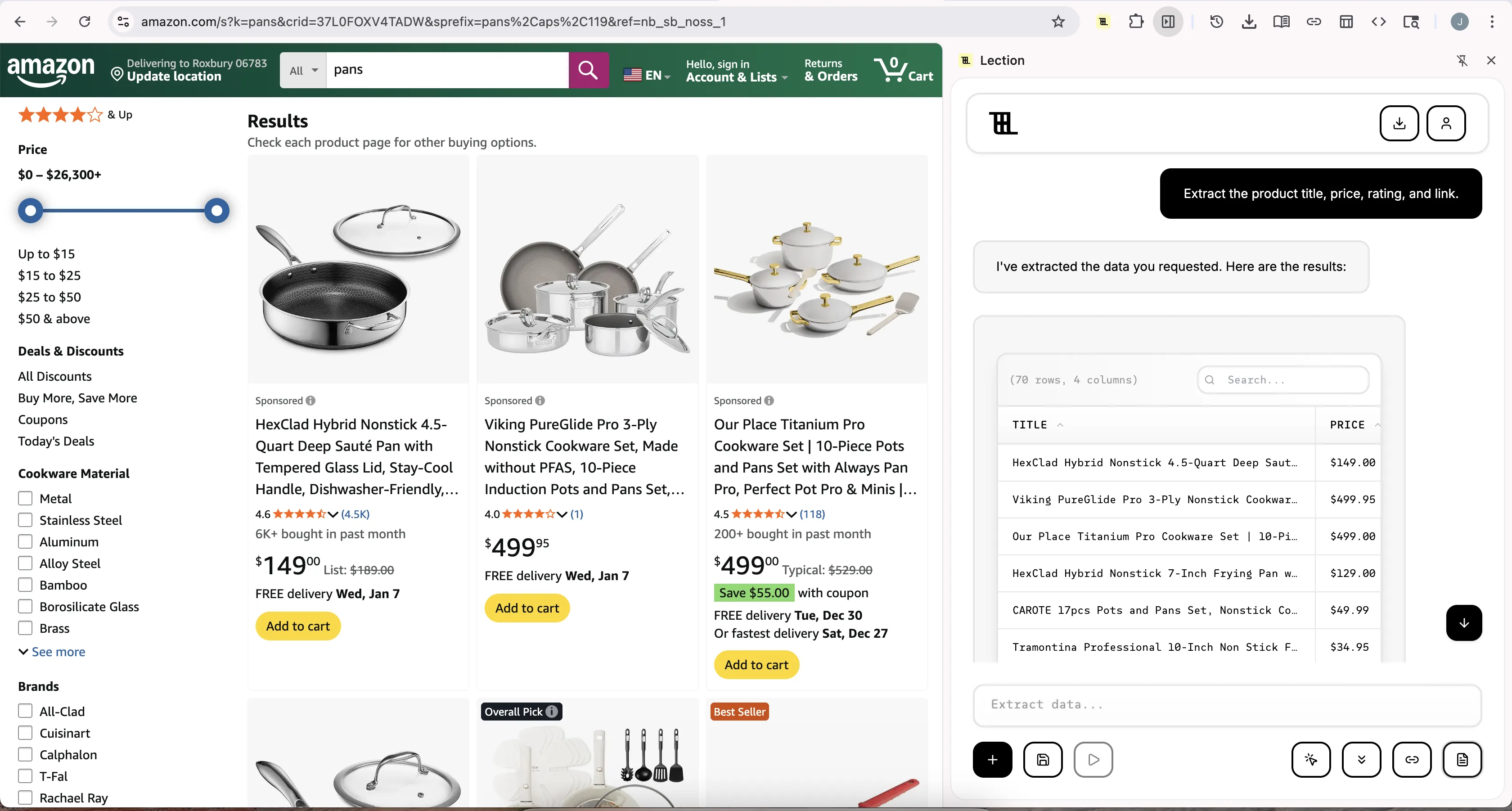The Lection dashboard showing a successfully completed Amazon scrape ready for export