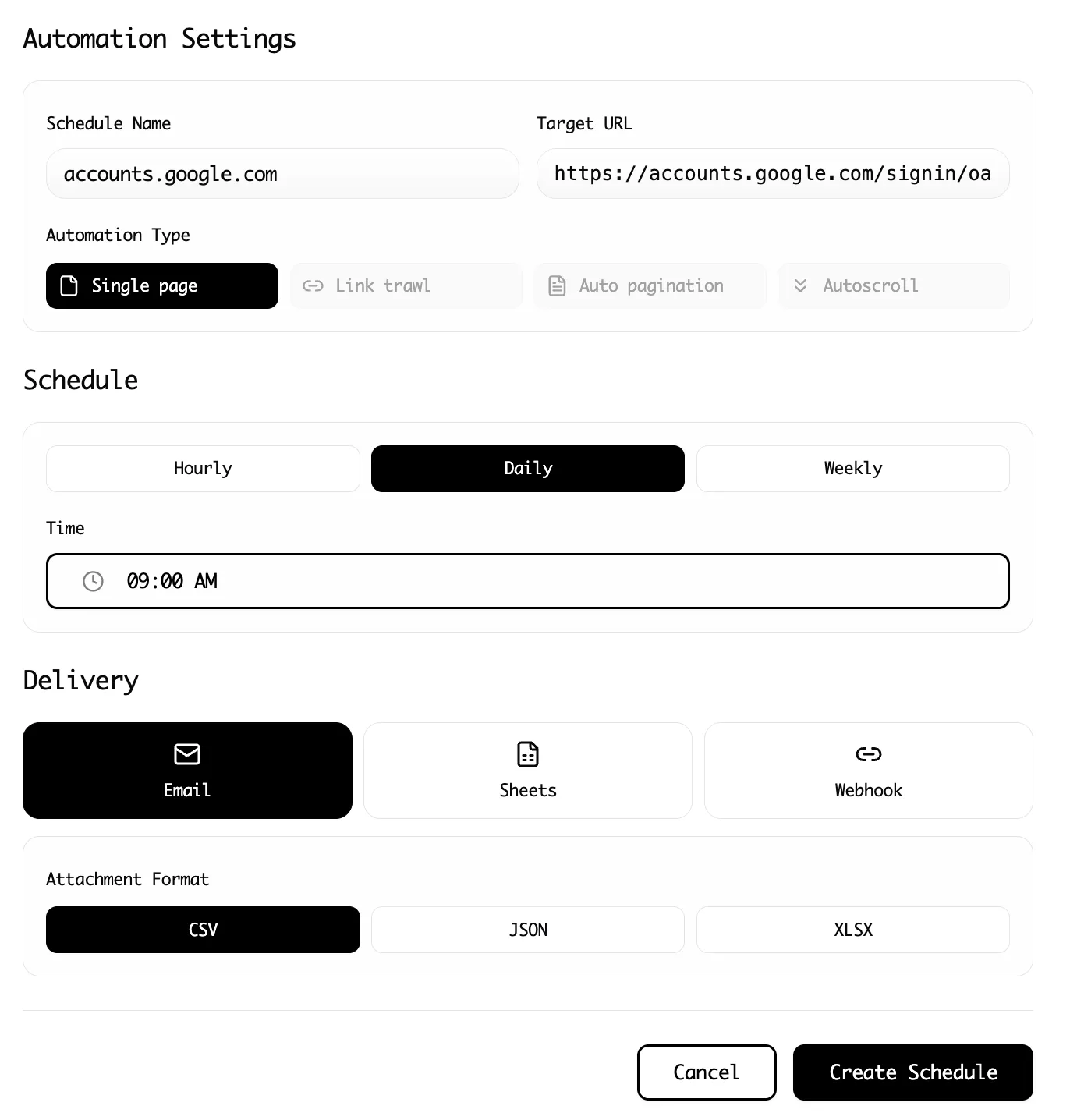 Lection cloud scrape options for pagination, link-following, and reliability