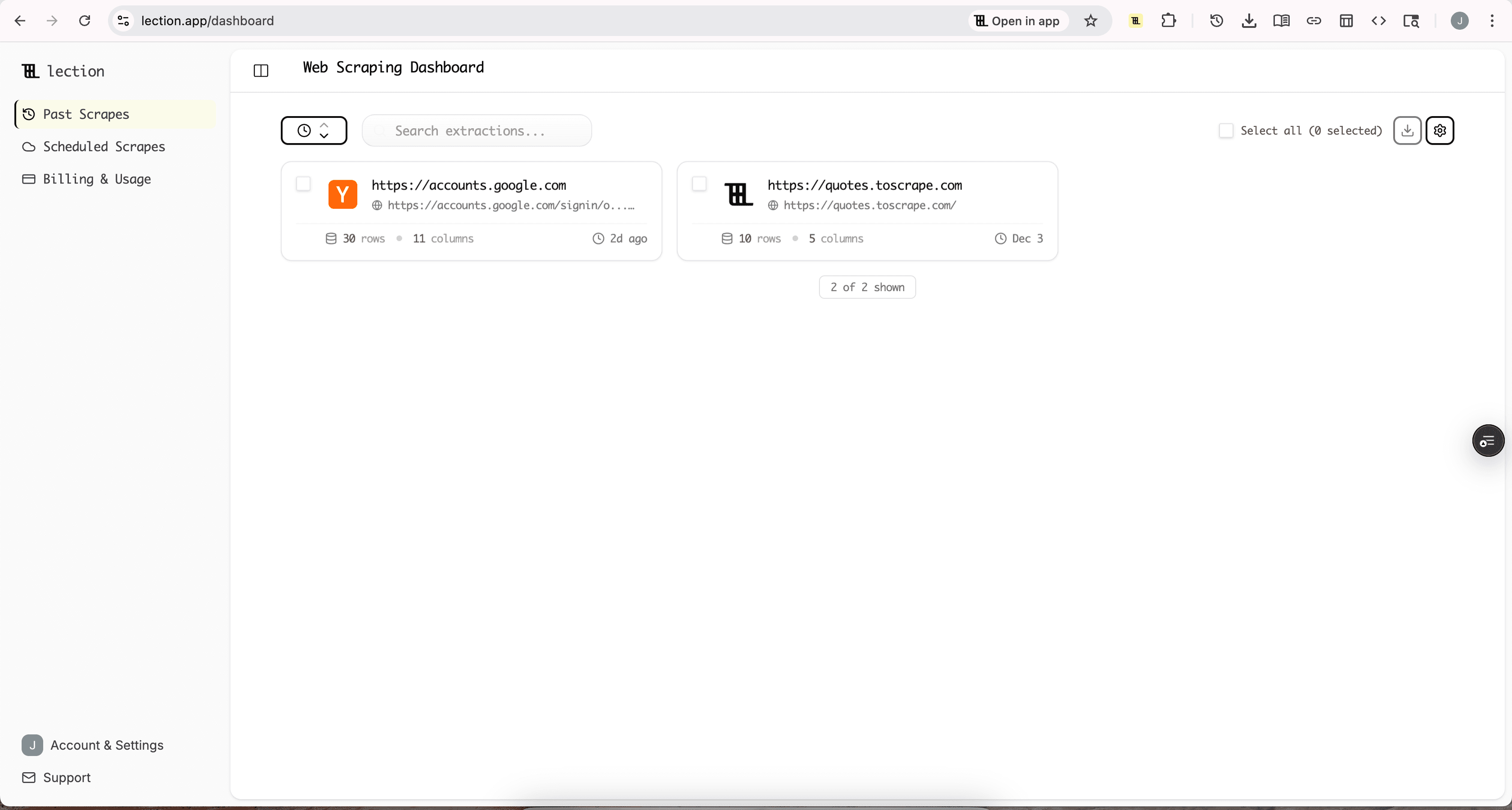 Lection dashboard for defining a reusable directory extraction
