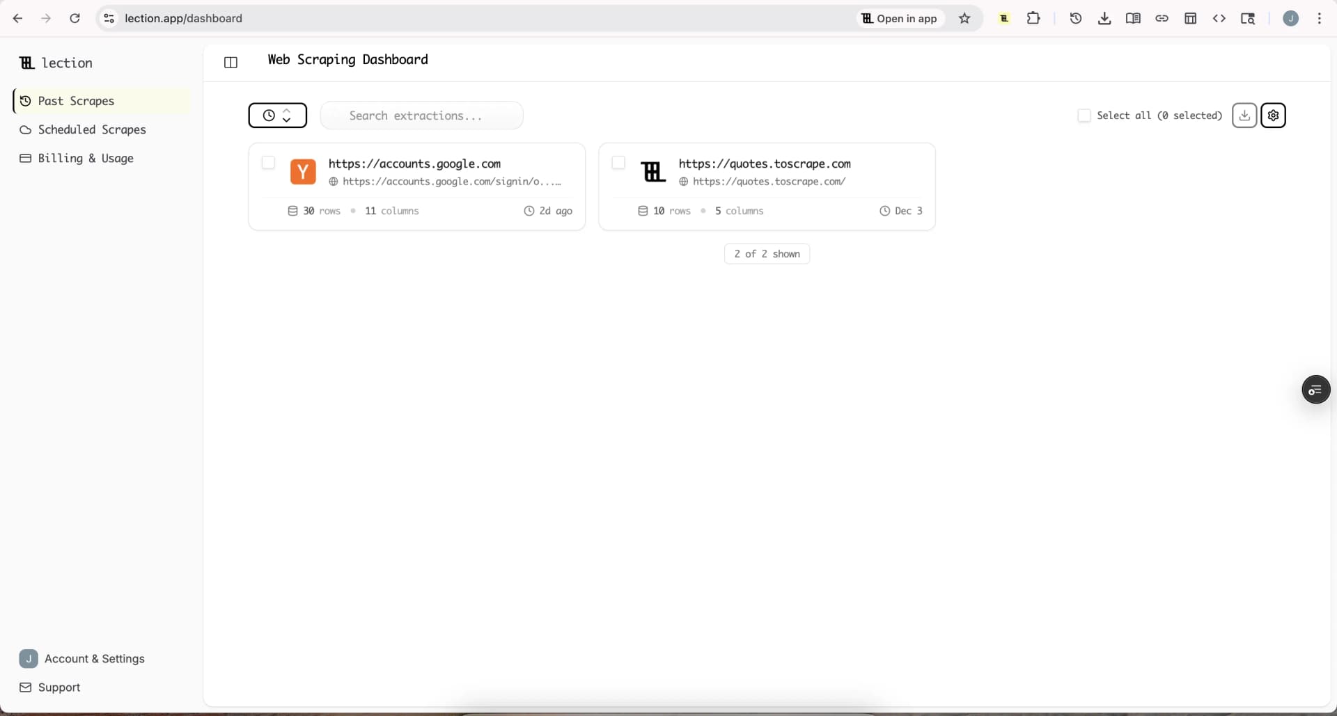 Lection dashboard for defining a reusable browser-native extraction