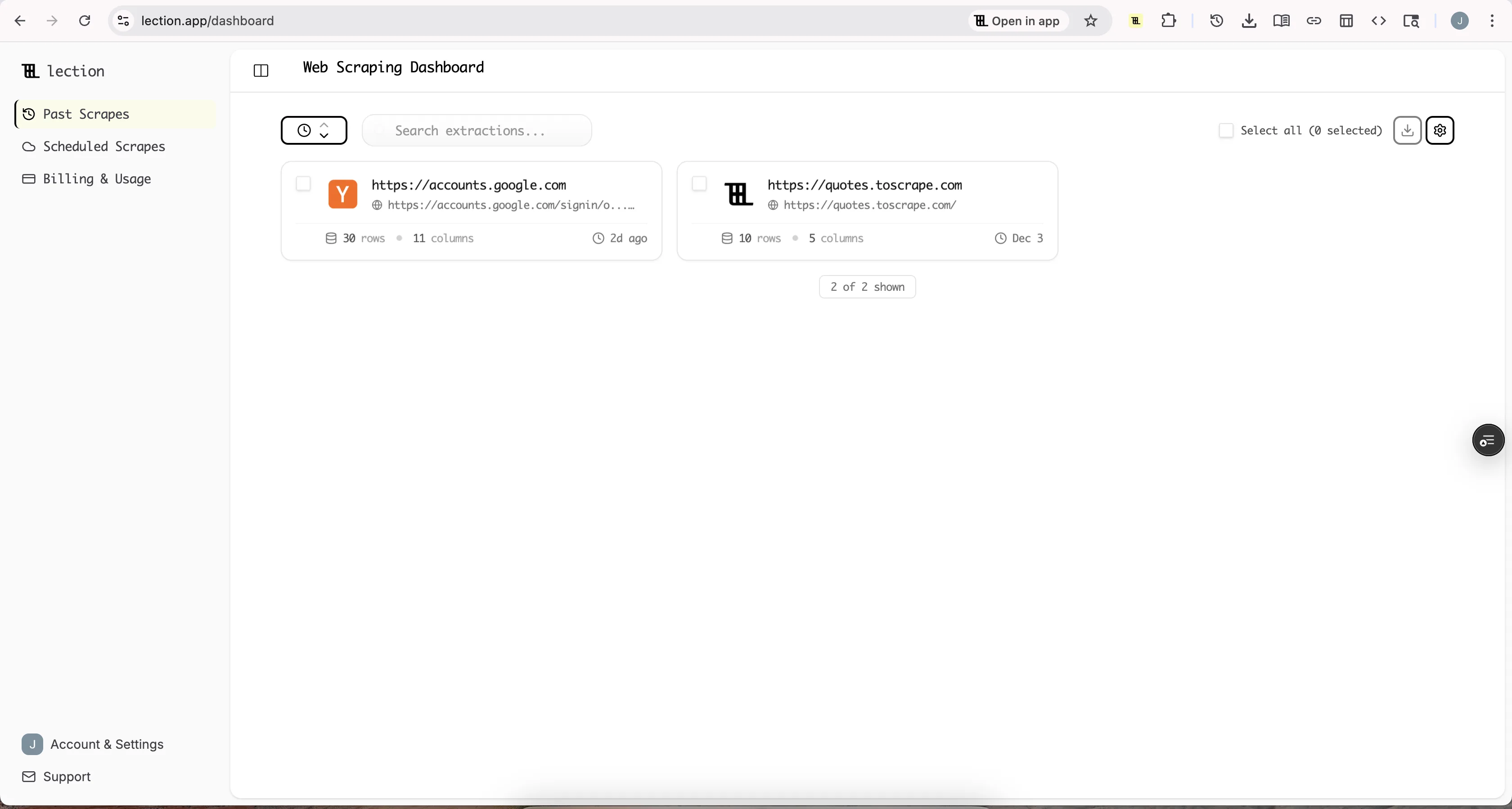 Lection dashboard showing browser-based extraction projects for research workflows