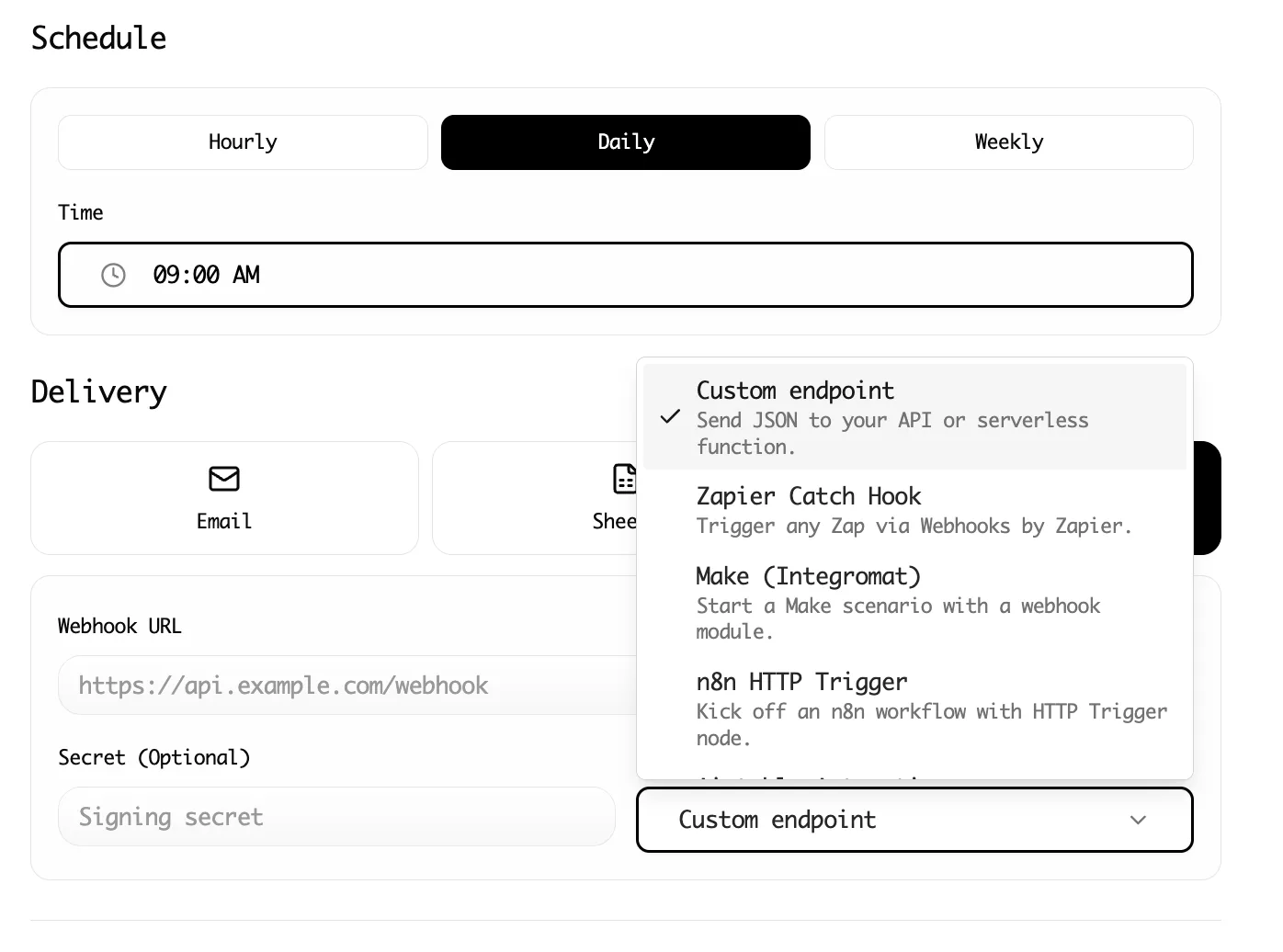 Lection integrations showing export into Google Sheets and other destinations