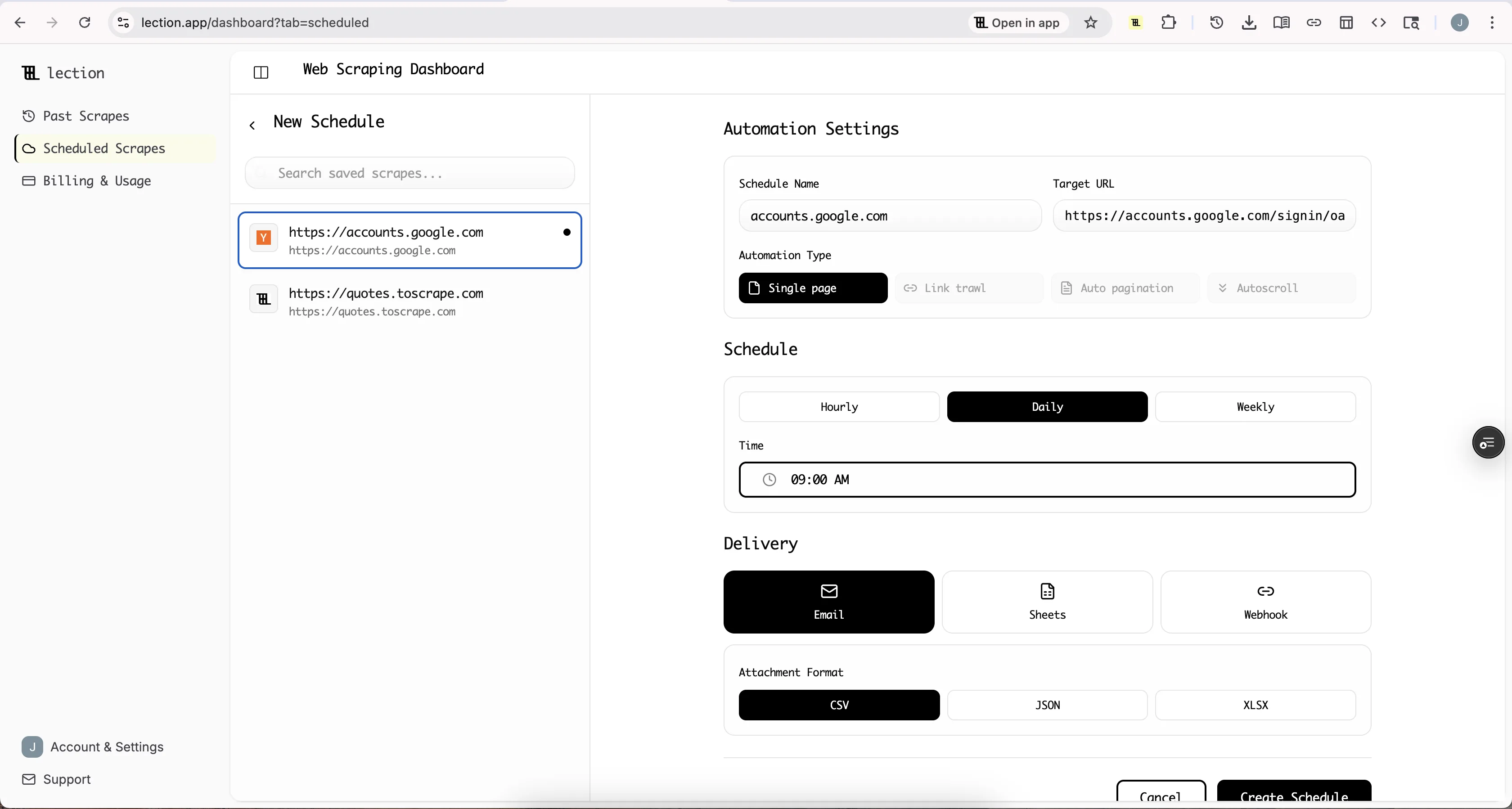 Lection scheduling interface for recurring cloud scrapes
