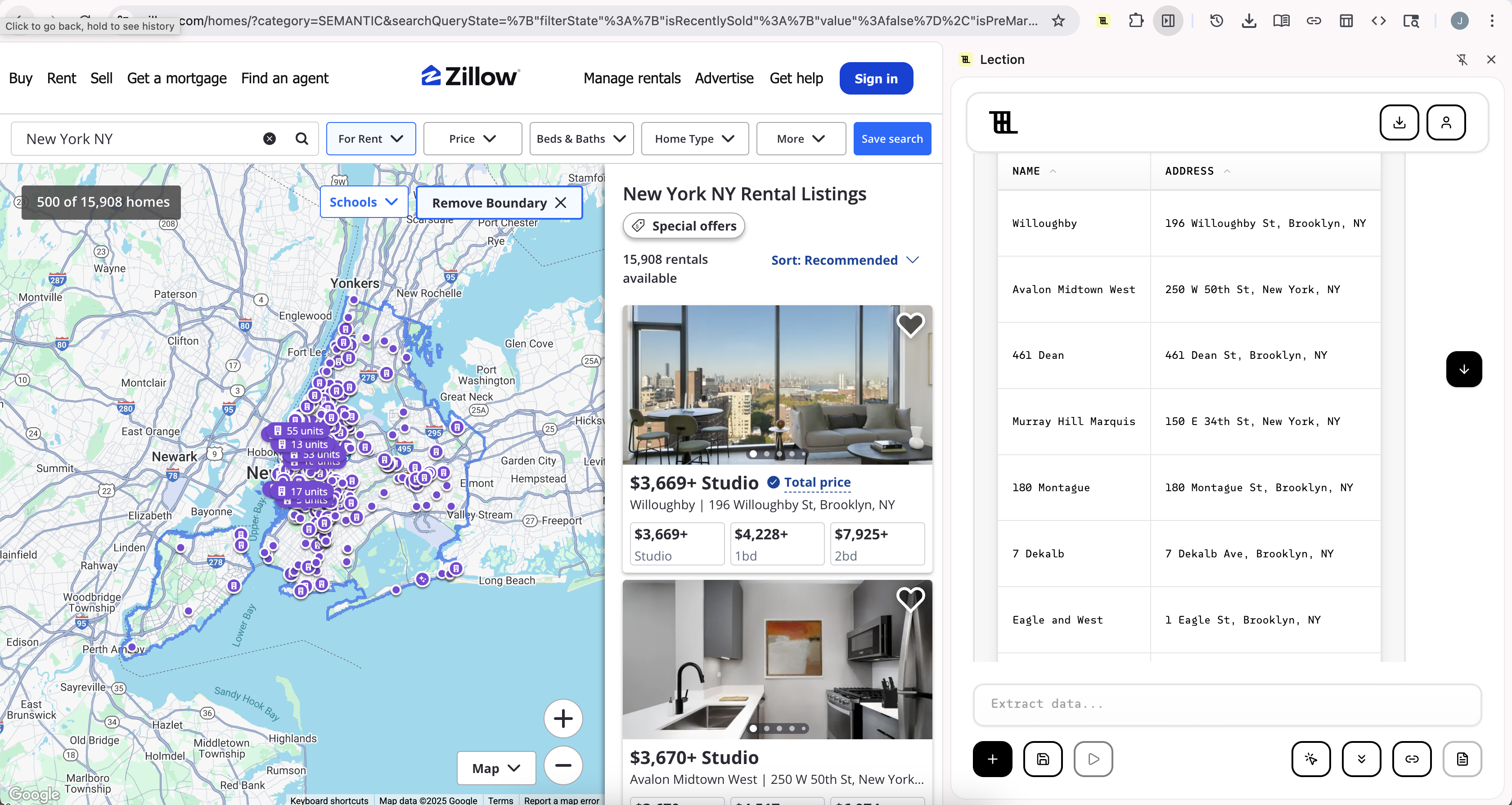 Zillow property listings being extracted with Lection